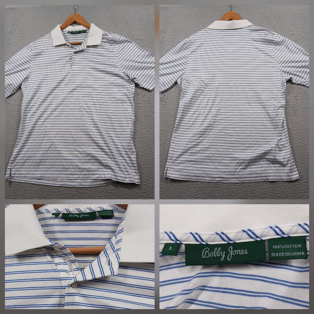 Bobby Jones Men's Large Blue White Striped Golf Polo Shirt 100% Cotton EUC